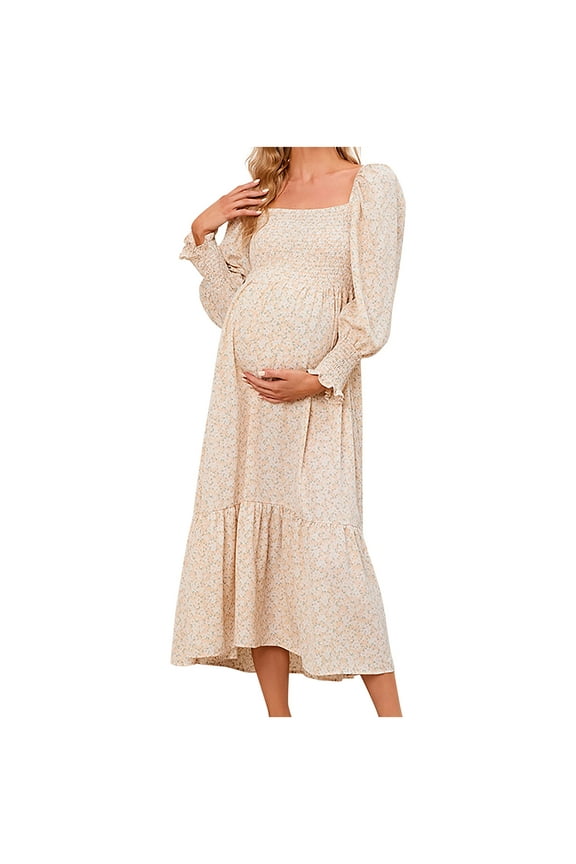Women's Boho Maternity Dress for Photoshoot Plus Size Floral Chiffon Wedding Dress Flowy Casual Long Sleeve Midi Dress