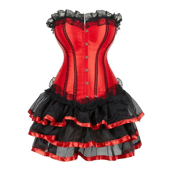 DJskiyers Women's Corset Dress Plus Size Overbust Corset Skirt Set Plus Size Lace Dresses with Boned Brocade Waist Cincher