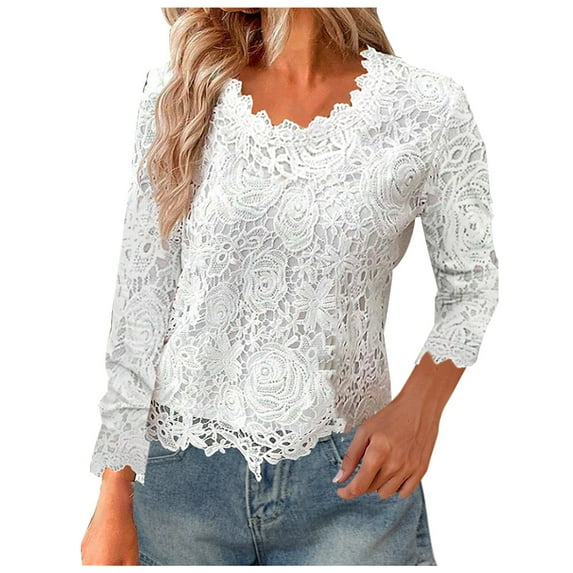 DJskiyers Women's Lace Tops Long Sleeve Shirts V Neck Elegant Casual Blouses Comfy Dressy Tshirts Loose Fit Tees T Shirts, Holiday Blouses for Women Dressy, Dressy Tops for Women