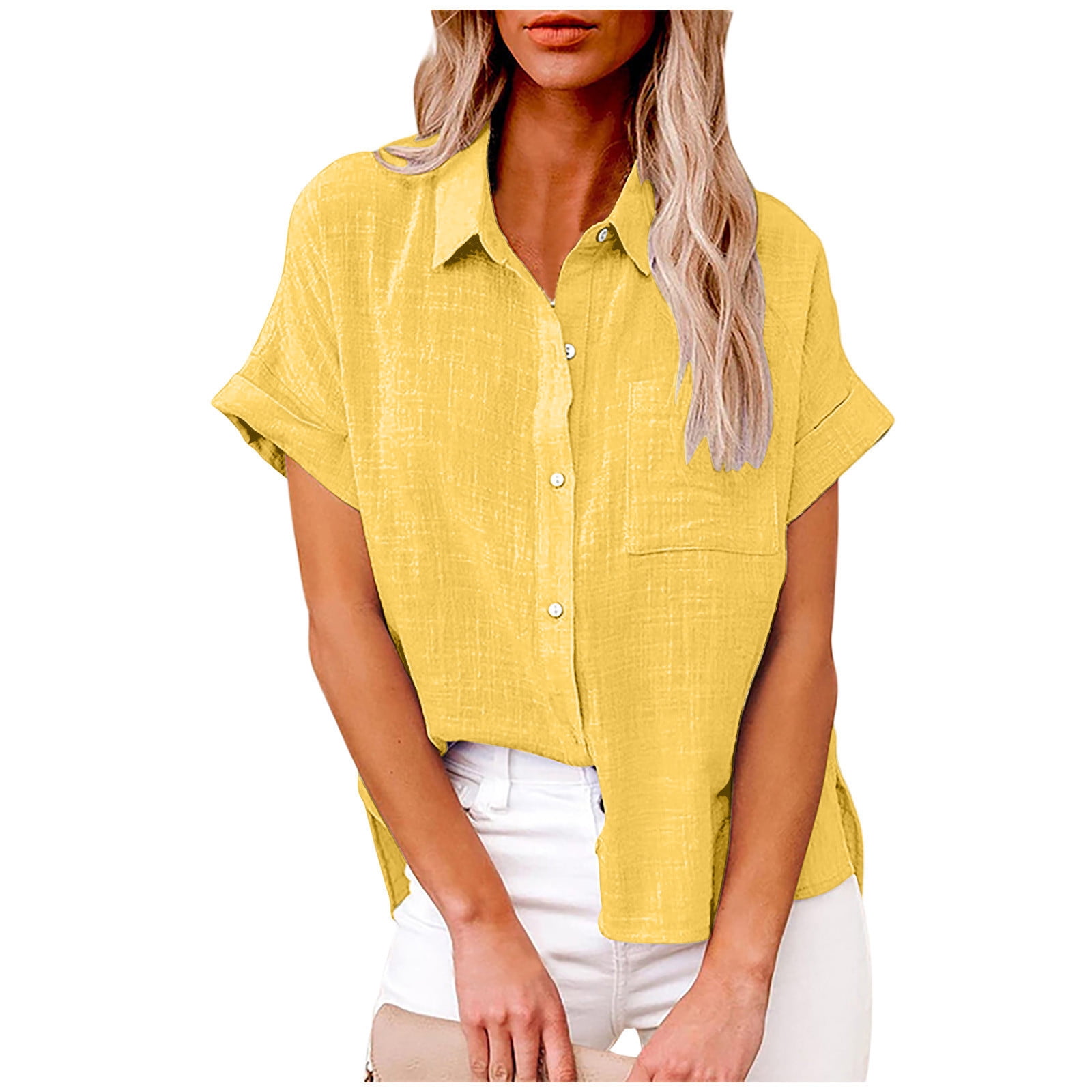 DJskiyers Women's Linen Shirts Button Work Tops Short Sleeve Casual ...