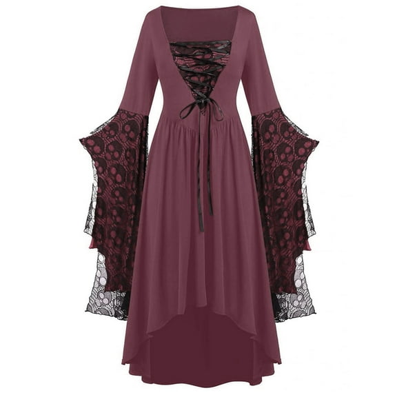 Women's Plus Size Vintage Dress Lace Print Strap Gown Long Sleeve V-Neck Knee Length Dress Dark Mid Calf Dress