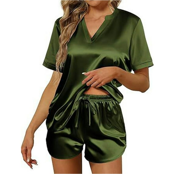 DJskiyers Women's Silk Pajamas Satin Pj Set Two Piece Soft V Neck Sleepwear Short Sleeve Loungewear Elastic Waist Pj Sets