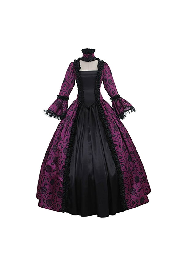 Women's Victorian Dress Flare Sleeve Vintage Dress Retro Floral Print Ball Gowns Lace Trim Long Gothic Dress