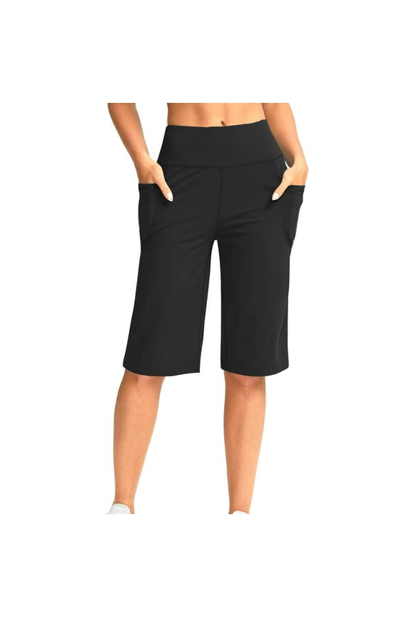 Womens Pull on Shorts High Waisted pants with Pockets Yoga Athletic Workout Long Shorts for Women Knee Length