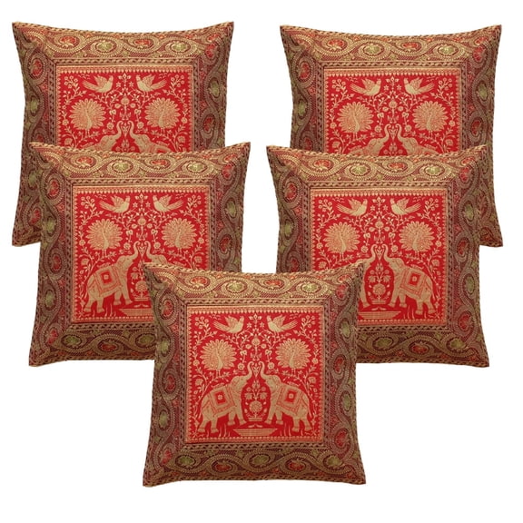 DK Homewares Bohemian Decorative Toss Throw Pillowcases 16x16 Inch Brocade Jacquard Elephant Indian Square Accent Cushion Covers (Size - 40x40 cm ; Color: Rust & Gold ) - Set of 5 Pcs (Cover Only)