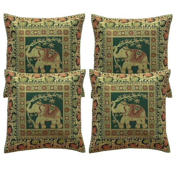 DK Homewares Bohemian Decorative Toss Throw Pillowcases 16x16 Inch Brocade Jacquard Elephant Indian Square Cushion Covers (Size - 40x40 cm ; Color: Dark Green & Gold ) - Set of 4 Pcs (Cover Only)