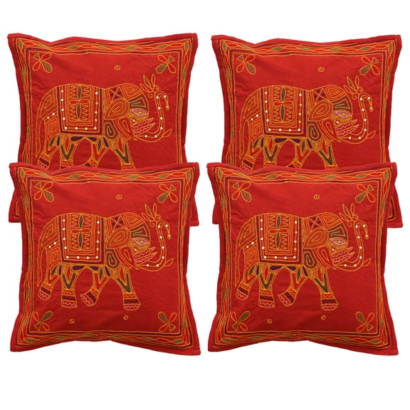 DK Homewares Bohemian Decorative Toss Throw Pillowcases 16x16 Inch Cotton Gold Thread Embroidered Elephant Indian Square Cushion Covers (Size - 40x40 cm ; Color: Maroon ) - Set of 4 Pcs (Cover Only)