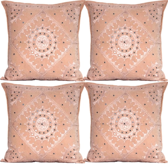 DK Homewares Bohemian Decorative Toss Throw Pillowcases 24x24 Inch Cotton Embroidered Bohemian Indian Square Accent Cushion Covers (Size - 60x60 cm ; Color: Peach ) - Set of 4 Pcs (Cover Only)