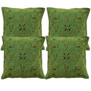 DK Homewares Boho Decorative Accent Throw Pillow Covers 16 Inch Cotton Gold Thread Embroidered Elephant Ethnic Square Sofa Cushion Covers Size - 40x40 cm ; Color Green  - Set of 4 Pcs Cover Only