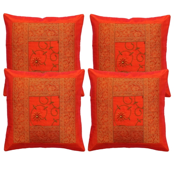 DK Homewares Boho Decorative Accent Throw Pillow Covers 16 Inch Polydupion Embroidered Floral Ethnic Square Sofa Cushion Covers (Size - 40x40 cm ; Color: Orange ) - Set of 4 Pcs (Cover Only)