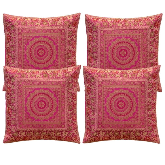 DK Homewares Boho Decorative Accent Throw Pillow Covers 16 x 16 Inch Brocade Jacquard Mandala Ethnic Square Sofa Cushion Covers (Size - 40x40 cm ; Color: Magenta & Gold ) - Set of 4 Pcs (Cover Only)