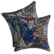 DK Homewares Boho Decorative Couch Throw Pillow Covers 16 x 16 Inch Cotton Kantha Paisley Ethnic Square Toss Cushion Covers Size - 40x40 cm ; Color Dark Blue  - Set of 2 Pcs Cover Only