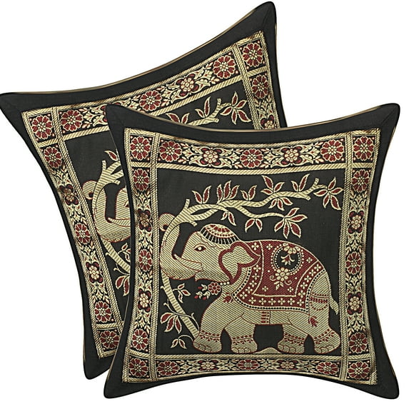 DK Homewares Decorative Elephant Throw Pillow Covers 12 Inch Brocade Jacquard Weave Indian Square Cushion Covers (Size - 30x30 cm ; Color: Black & Gold ) - Set of 2 Pcs (Cover Only)