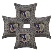 DK Homewares Decorative Peacock Throw Pillowcases 16 x 16 Inch Brocade Jacquard Weave Indian Square Cushion Covers Size - 40x40 cm ; Color Navy Blue & Gold  - Set of 4 Pcs Cover Only