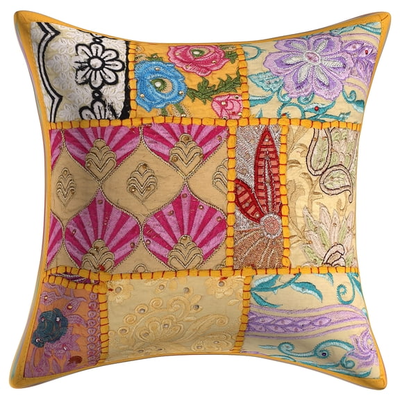 DK Homewares Decorative Throw Cushion Cover 12 Inch Cotton Vintage Patchwork Indian Square Embroiderded Cushion Cover (Size - 30x30 cm ; Color: Mango Yellow ) - 1 Pcs (Cover Only)