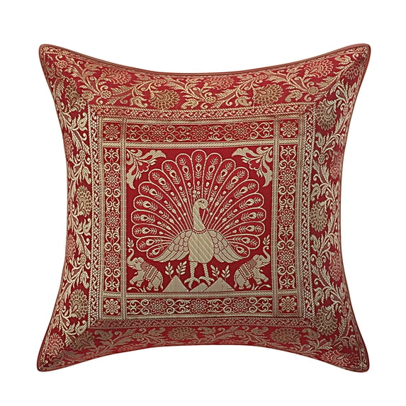 DK Homewares Decorative Throw Cushion Cover 16 x 16 Inch Brocade Jacquard Weave Indian Square Peacock Cushion Cover (Size - 40x40 cm ; Color: Burgundy Maroon & Gold ) - 1 Pcs (Cover Only)