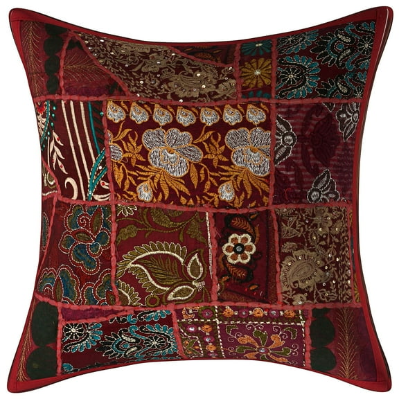 DK Homewares Decorative Throw Cushion Cover 16 x 16 Inch Cotton Vintage Patchwork Indian Square Embroiderded Cushion Cover (Size - 40x40 cm ; Color: Burgundy Maroon ) - 1 Pcs (Cover Only)