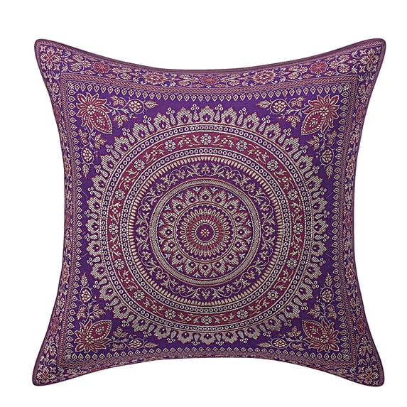 DK Homewares Decorative Throw Cushion Cover 16 x 16 Inch Brocade Jacquard Weave Indian Square Mandala Cushion Cover (Size - 40x40 cm ; Color: Purple & Gold ) - 1 Pcs (Cover Only)