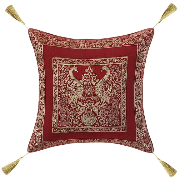 DK Homewares Decorative Throw Cushion Cover 18x18 Inch Brocade Jacquard Weave Indian Square Peacock Cushion Cover (Size - 45x45 cm ; Color: Burgundy Maroon & Gold ) - 1 Pcs (Cover Only)