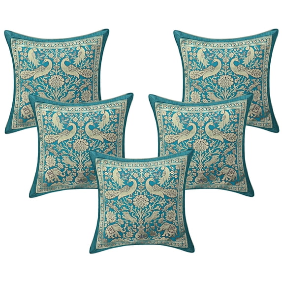 DK Homewares Decorative Throw Cushion Covers 12 Inch Brocade Jacquard Weave Indian Square Elephant Cushion Covers (Size - 30x30 cm ; Color: Emerald Green & Gold ) - Set of 5 Pcs (Cover Only)