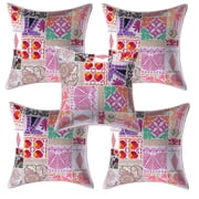 DK Homewares Decorative Throw Cushion Covers 16 x 16 Inch Cotton Vintage Patchwork Decorative Square Embroiderded Cushion Covers Size - 40x40 cm ; Color White  - Set of 5 Pcs Cover Only