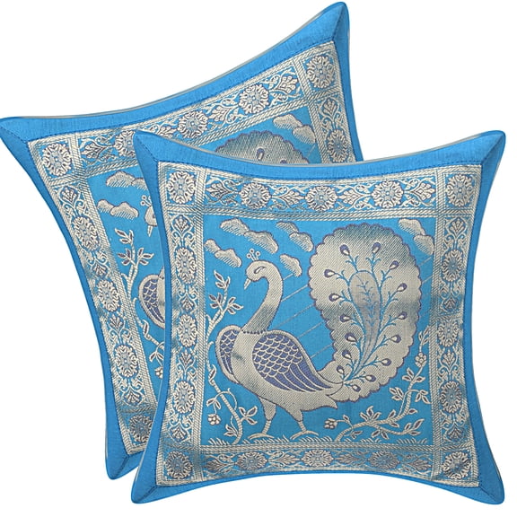 DK Homewares Decorative Throw Pillow Covers 12x12 Inch Brocade Jacquard Weave Indian Square Peacock Cushion Covers (Size - 30x30 cm ; Color: Turquoise & Gold ) - Set of 2 Pcs (Cover Only)