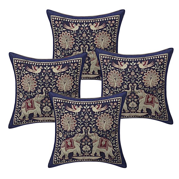 DK Homewares Decorative Throw Pillowcases 12 Inch Brocade Jacquard Weave Indian Square Elephant Cushion Covers (Size - 30x30 cm ; Color: Dark Blue & Gold ) - Set of 4 Pcs (Cover Only)