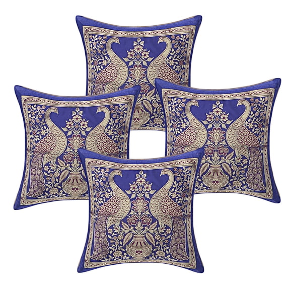 DK Homewares Decorative Throw Pillowcases 12 Inch Brocade Jacquard Weave Indian Square Peacock Cushion Covers (Size - 30x30 cm ; Color: Royal Blue & Gold ) - Set of 4 Pcs (Cover Only)