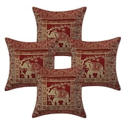DK Homewares Decorative Throw Pillowcases 16 x 16 Inch Brocade Jacquard Weave Indian Square Elephant Cushion Covers Size - 40x40 cm ; Color Burgundy Maroon  - Set of 4 Pcs Cover Only