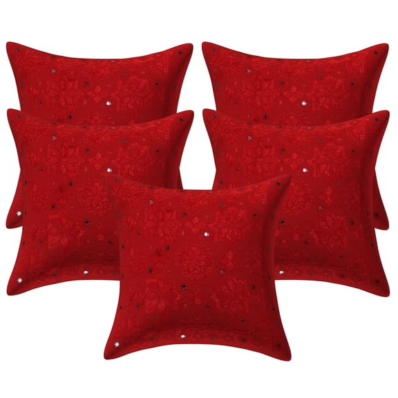 DK Homewares Ethnic Decorative Accent Throw Pillow Covers 16x16 Inch Cotton Embroidered Mirrored Boho Square Sofa Cushion Covers (Size - 40x40 cm ; Color: Red ) - Set of 5 Pcs (Cover Only)