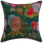 DK Homewares Ethnic Decorative Sofa Throw Pillowcase 16 Inch Cotton Kantha Tropicana Boho Square Couch Cushion Cover Size - 40x40 cm ; Color Dark Green  - 1 Pcs Cover Only
