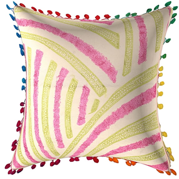 DK Homewares Ethnic Decorative Toss Throw Pillowcase 16 Inch Cotton Terry Weave Embroidered Striped Boho Square Accent Cushion Cover (Size - 40x40 cm ; Color: Parrot Green ) - 1 Pcs (Cover Only)