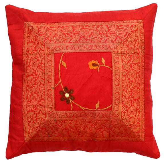DK Homewares Ethnic Decorative Toss Throw Pillowcase 16x16 Inch Polydupion Embroidered Brocade Floral Boho Square Accent Cushion Cover (Size - 40x40 cm ; Color: Red ) - 1 Pcs (Cover Only)