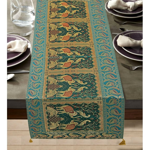 DK Homewares Ethnic Indian Birthday Party Elephant Tassel Work Table Cloth Green Gold Brocade Satin 150 X 40 Cm Dining Decor 5 Ft Centerpiece ( 60 X 16 Inches )