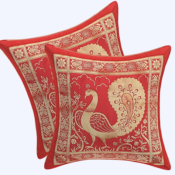 DK Homewares Ethnic Throw Cushion Covers 12 x 12 Inch Brocade Jacquard Weave Decorative Square Peacock Cushion Covers (Size - 30x30 cm ; Color: Red & Gold ) - Set of 2 Pcs (Cover Only)