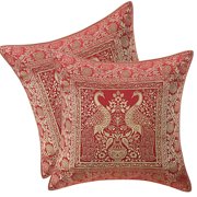 DK Homewares Ethnic Throw Cushion Covers 16x16 Inch Brocade Jacquard Weave Decorative Square Peacock Cushion Covers Size - 40x40 cm ; Color Burgundy Maroon & Gold  - Set of 2 Pcs Cover Only
