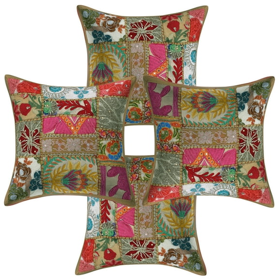DK Homewares Ethnic Throw Pillow Covers 12 x 12 Inch Cotton Vintage Patchwork Decorative Square Embroiderded Cushion Covers (Size - 30x30 cm ; Color: Khaki ) - Set of 4 Pcs (Cover Only)