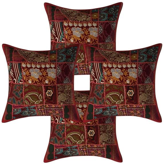 DK Homewares Ethnic Throw Pillow Covers 16x16 Inch Cotton Vintage Patchwork Decorative Square Embroiderded Cushion Covers (Size - 40x40 cm ; Color: Burgundy Maroon ) - Set of 4 Pcs (Cover Only)
