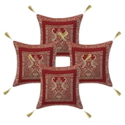 DK Homewares Ethnic Throw Pillow Covers 18 Inch Brocade Jacquard Weave Decorative Square Peacock Cushion Covers Size - 45x45 cm ; Color Burgundy Maroon & Gold  - Set of 4 Pcs Cover Only