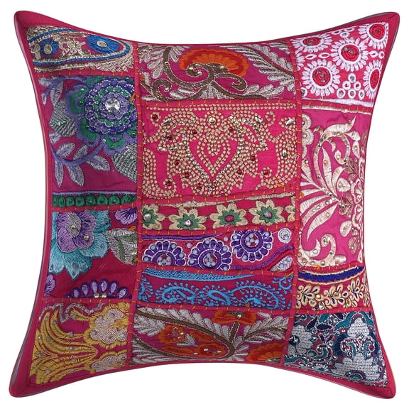 DK Homewares Ethnic Throw Pillowcase 12 x 12 Inch Cotton Vintage Patchwork Decorative Square Embroiderded Cushion Cover (Size - 30x30 cm ; Color: Dark Pink ) - 1 Pcs (Cover Only)