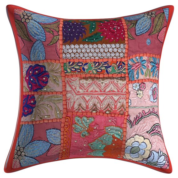 DK Homewares Ethnic Throw Pillowcase 12 x 12 Inch Cotton Vintage Patchwork Decorative Square Embroiderded Cushion Cover (Size - 30x30 cm ; Color: Orange ) - 1 Pcs (Cover Only)