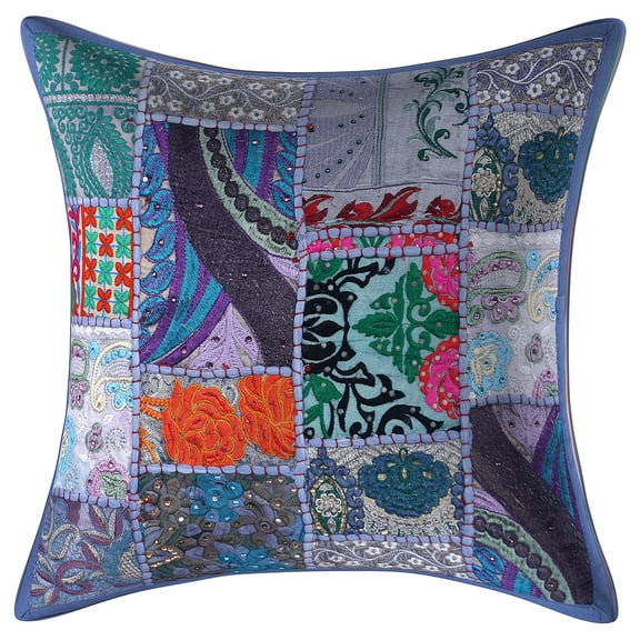 DK Homewares Ethnic Throw Pillowcase 16x16 Inch Cotton Vintage Patchwork Decorative Square Embroiderded Cushion Cover (Size - 40x40 cm ; Color: Grey ) - 1 Pcs (Cover Only)