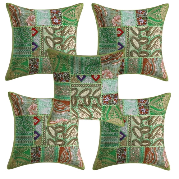 DK Homewares Ethnic Throw Pillowcases 12 x 12 Inch Cotton Vintage Patchwork Decorative Square Embroiderded Cushion Covers (Size - 30x30 cm ; Color: Parrot Green ) - Set of 5 Pcs (Cover Only)