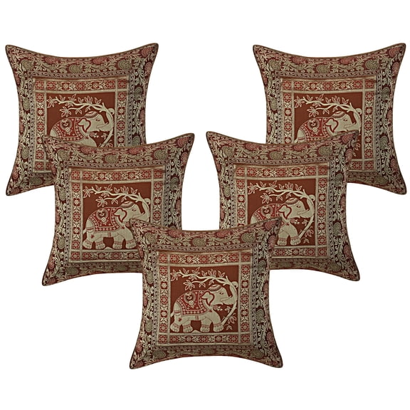 DK Homewares Ethnic Throw Pillowcases 16x16 Inch Brocade Jacquard Weave Decorative Square Elephant Cushion Covers (Size - 40x40 cm ; Color: Dark Brown ) - Set of 5 Pcs (Cover Only)