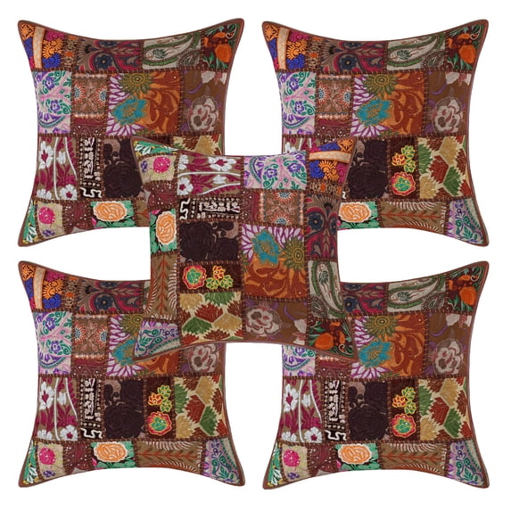 DK Homewares Ethnic Throw Pillowcases 16x16 Inch Cotton Vintage Patchwork Decorative Square Embroiderded Cushion Covers (Size - 40x40 cm ; Color: Dark Brown ) - Set of 5 Pcs (Cover Only)