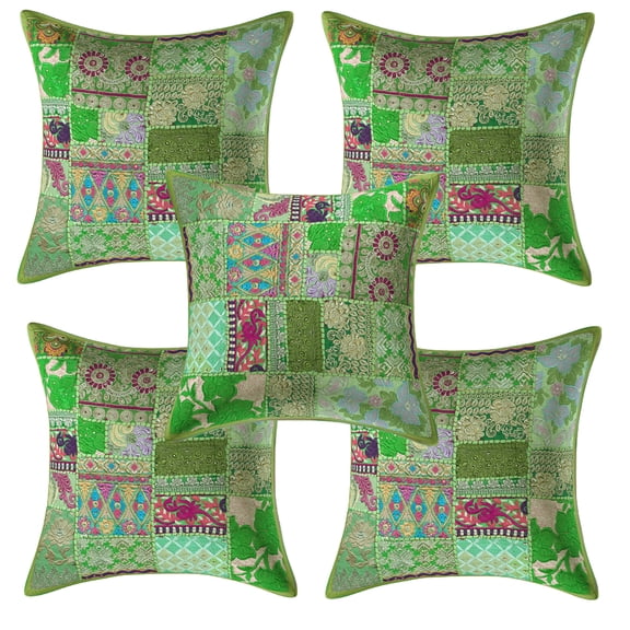 DK Homewares Ethnic Throw Pillowcases 16x16 Inch Cotton Vintage Patchwork Decorative Square Embroiderded Cushion Covers (Size - 40x40 cm ; Color: Parrot Green ) - Set of 5 Pcs (Cover Only)