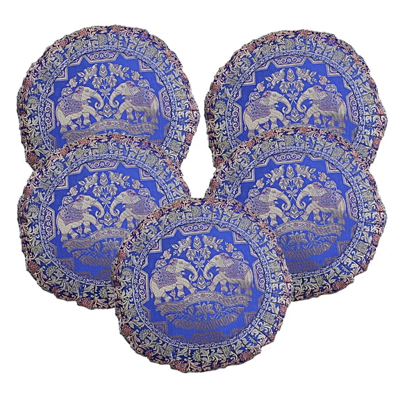 DK Homewares Ethnic Throw Pillowcases 17 x 17 Inch Brocade Jacquard Weave Decorative Round Elephant Cushion Covers (Size - 43x43 cm ; Color: Royal Blue & Gold ) - Set of 5 Pcs (Cover Only)