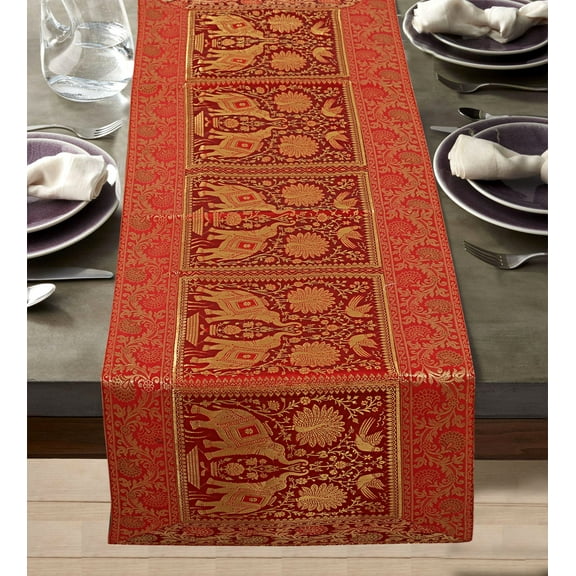 DK Homewares Ethnic Traditional Table Runner Christmas Party Home Decorative Red Gold Brocade Satin 150 X 40 Cm Jacquard Elephant 5 Foot Centerpiece ( 60 X 16 Inches )