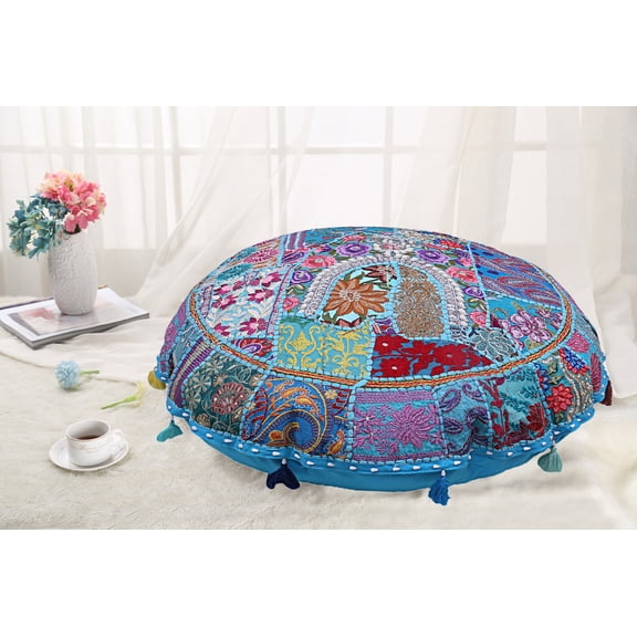 DK Homewares Indian Bohemian Floor Cushion Extra Large Turquoise 40 Inch Patchwork Living Room Pouffe Footstool Home Decor Embroidered Vintage Cotton Round Floor Pillow Cover Bohemian