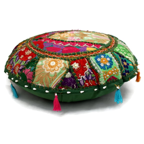 DK Homewares Indian Bohemian Floor Cushions For Adults Dark Green 18 Inch Patchwork Living Room Pouffe Footstool Home Decor Embroidered Vintage Cotton Round Floor Pillow Cover 18x18